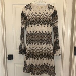 Tacera Chevron Patterned Bell Sleeve Dress w/Lace Overlay
